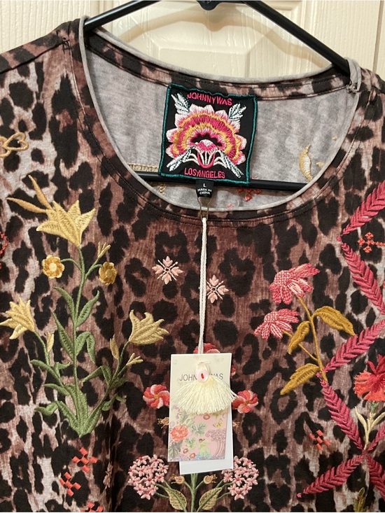 Johnny Was Tops - Johnny Was Brown Leopard-Print Embroidered Floral Tunic